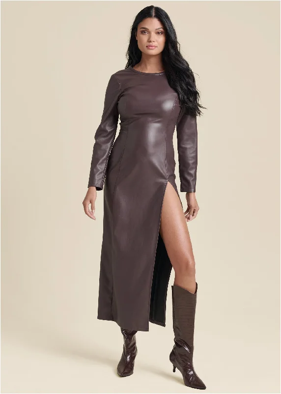 Faux Leather Column Maxi - Dark Brown Denim maxi dresses