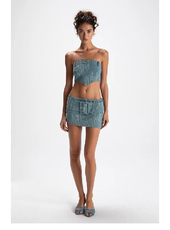 Blue Denim Jacquard Tank Top & Mini Skirt Set