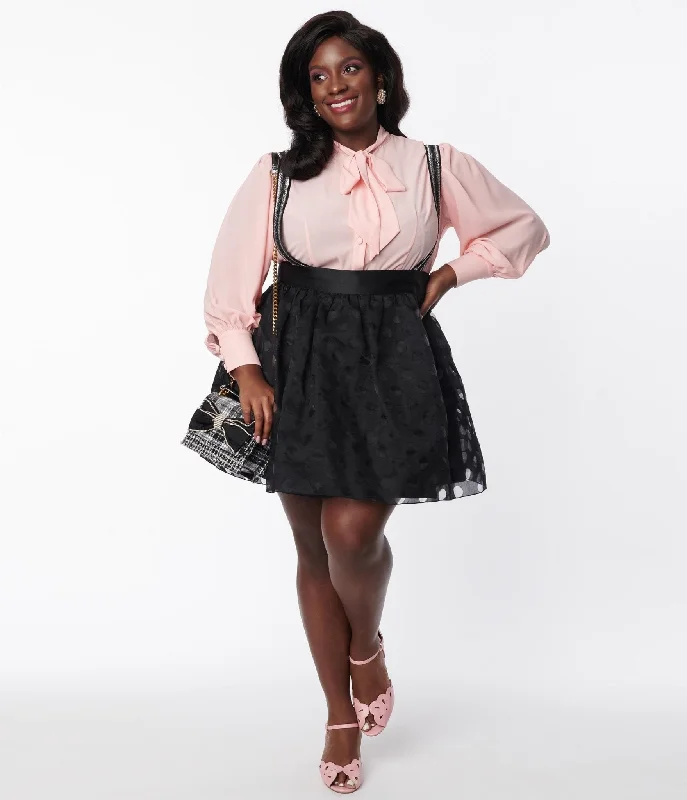 Unique Vintage Plus Size Black Polka Dot Tulle Suspender Mini Skirt Mini Skirt with Bow