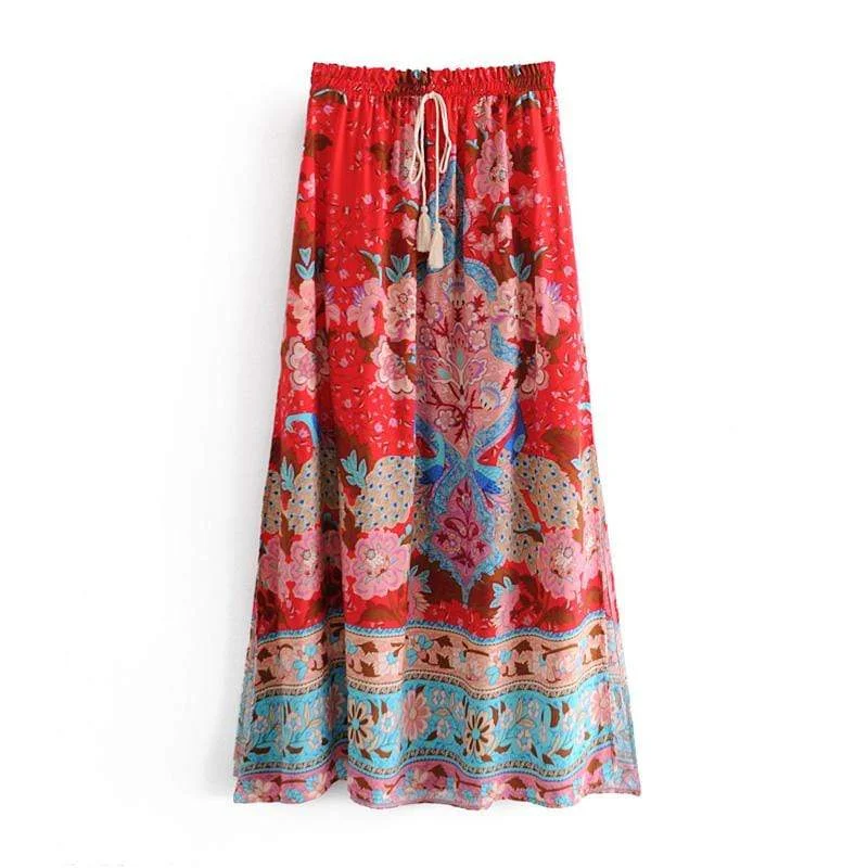 Allegra Red Floral Peacock Maxi Skirt Pleated Maxi Skirt