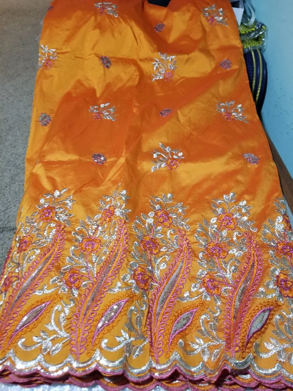 Clearance item: Orange Embriodery silk Geoge fabric. Beautiful flower border. Original quality George for making African party dress. Indian-George sold per 5yards and price is for 5yds Sexy party dresses