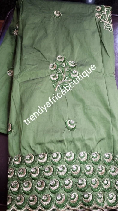 Clearance sale! Original quality indian Embroidery Silk George wrapper for Nigerian party dresses. Indian-george. Beautiful olive green silk george/gold.  all over Gold embroidery Sold per 5yds. Feel the difference in Quality!! Club party dresses