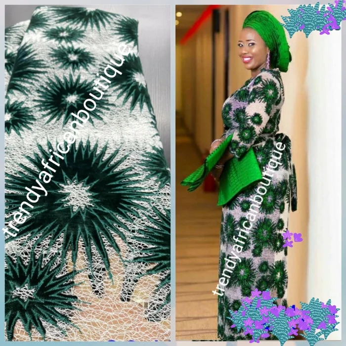 Ready to ship: White/green french lace fabric.soft texture + velvet. latest design. Sold per 5yds. Nigerian/African french lace for making party outfit, soft Luxurious fabric. Sold per 5 yards lenght.. aso-ebi order welcome Expensive party dresses