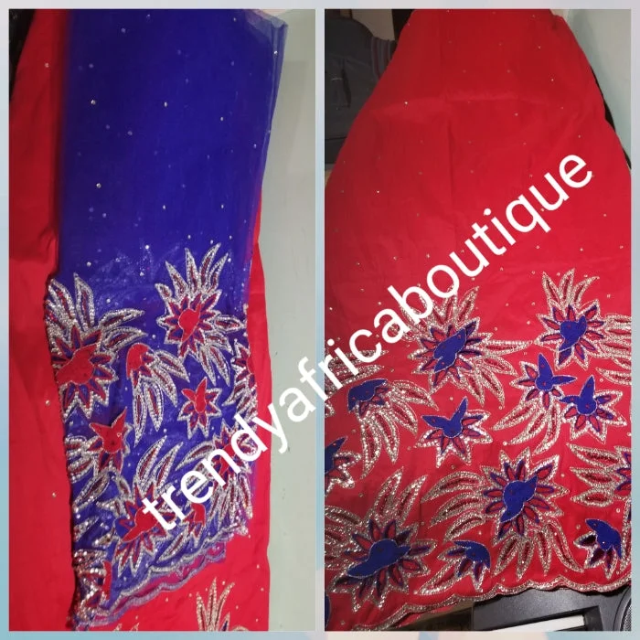 Sale: Quality Red Taffeta Silk George wrapper/ royalblue contrast blouse. hand cut border beaded and silver crystal stoned for Nigerian traditional wedding/party outfit. Come as 2.5yds+2.5yds +1.8yds matching net for blouse. best Indian-george. Best party dresses for tall women