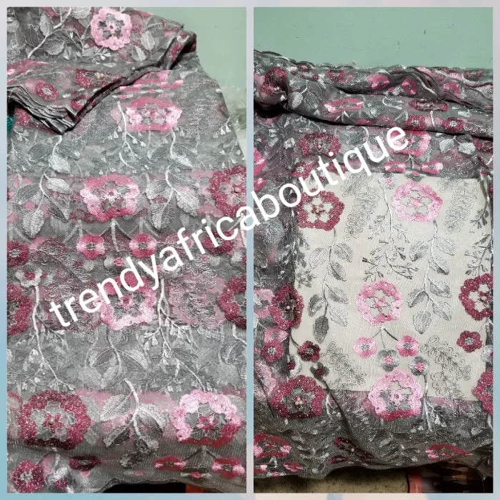 Gray/pink Embridery tulle Africa French lace fabric. Beautiful flower design great texture for making Nigerian/African party dress. Sold per 5yds. Price is for 5yds. Aso-ebi lace. Contact for large quantity Tiered party dresses