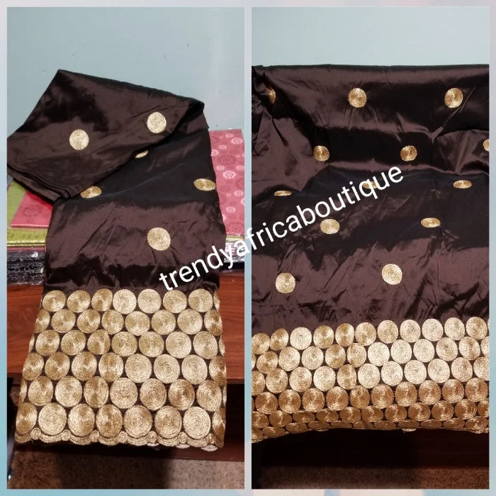 Hot sale!  Original quality indian Embroidery Silk George wrapper  for Nigerian party dresses. Indian-george. Beautiful chocolate brown with all over Gold embroidery Sold per 5yds.  Feel the difference in Quality!! Engagement party dresses