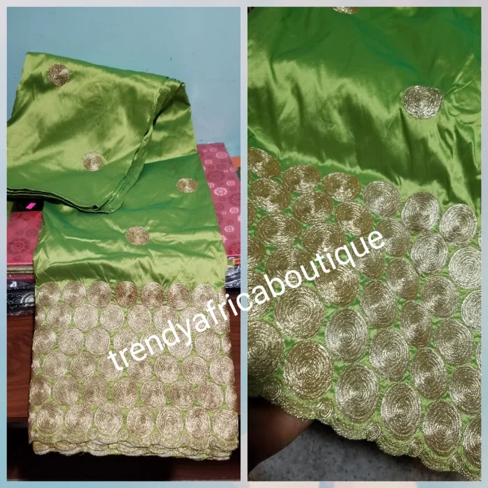 Hot sale! Original quality indian Embroidery Silk George wrapper for Nigerian party dresses. Indian-george. Beautiful lemon green with all over Gold embroidery Sold per 5yds. Feel the difference in Quality!! Holiday party dresses