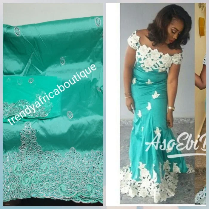 Back in stock: Mint green embriodery George fabric. Top quality Indian-George for making Nigerian/African party dress. 5yds silk George + 1.8yds matching net blouse. Contact us if you are interested in Aso-ebi order Stretchy party dresses