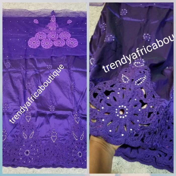 New arrival quality Purple embriodery/crystal stones silk George with matching net for blouse combination. Top Quality Indian-George for making Nigerian/African party dress. 5yds +1.8yds blouse. aso-ebi order available, Comfortable party dresses for all-night wear