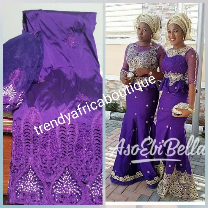 Purple embriodery George with matching net for blouse combination. Top Quality Indian-George for making Nigerian/African party dress. 5yds +1.8yds blouse. Contact us for aso-ebi order Flowy party dresses