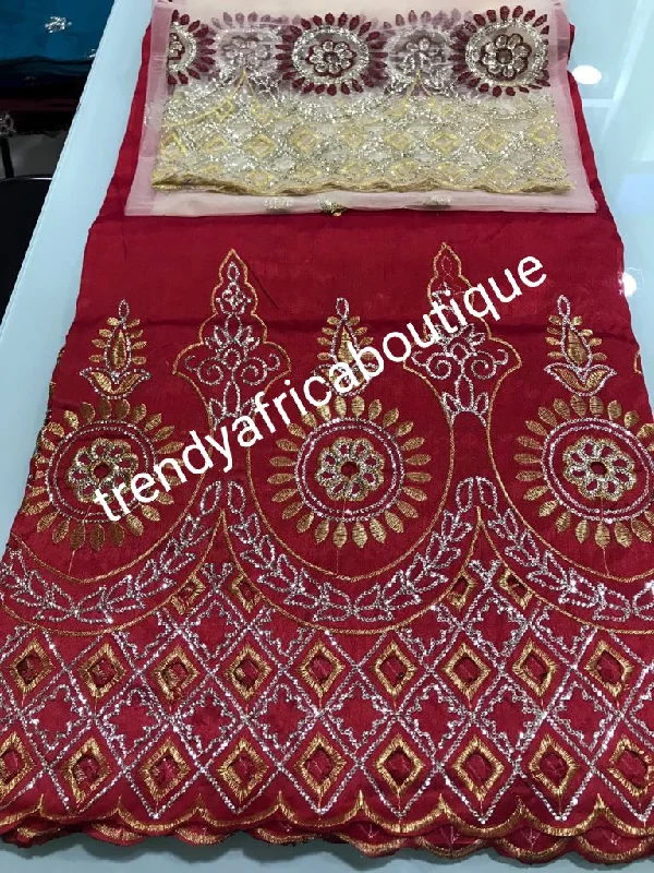 Quality Red/champagne Gold Embriodery Silk George wrapper. Fancy Indian-George for making African/Nigerian party dresses. 5yds red+ 1.8 yards matching net blouse Urban Outfitters party dresses