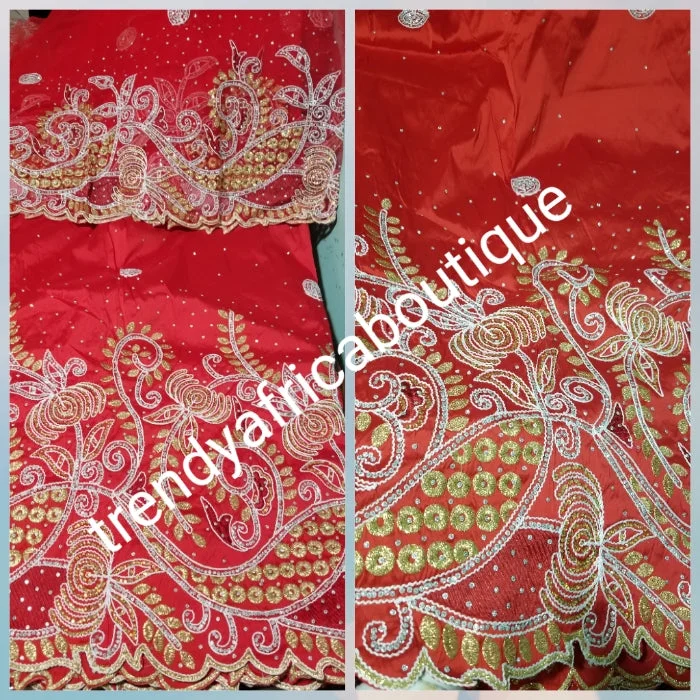 Quality Red embroidered and stoned silk George wrapper.  Top quality Indian-George for making Nigerian/African party dress, wrapper and more.  5yds silk George + 1.8yds matching net blouse. Contact us if you are interested in Aso-ebi order Versatile party dresses for any occasion