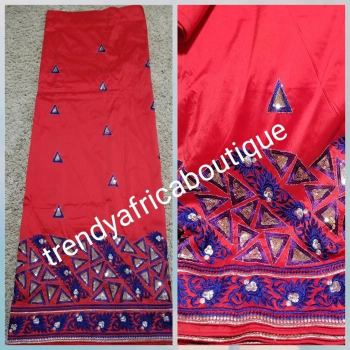 Red African George wrapper embriodered with royalblue/purple/silver. Original quality Silk George fabric for African party dress or wrapper. Sold per 5yds. Small-George. Revolve party dresses