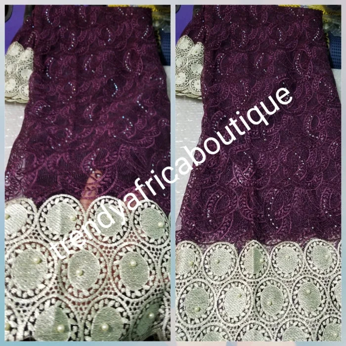 Clearance: Plum/cream border African french lace fabric. Original quality. Use to make Nigerian party dress. Sold per 5yards. Aso-ebi can be produce upon request. Cute floral print party dresses