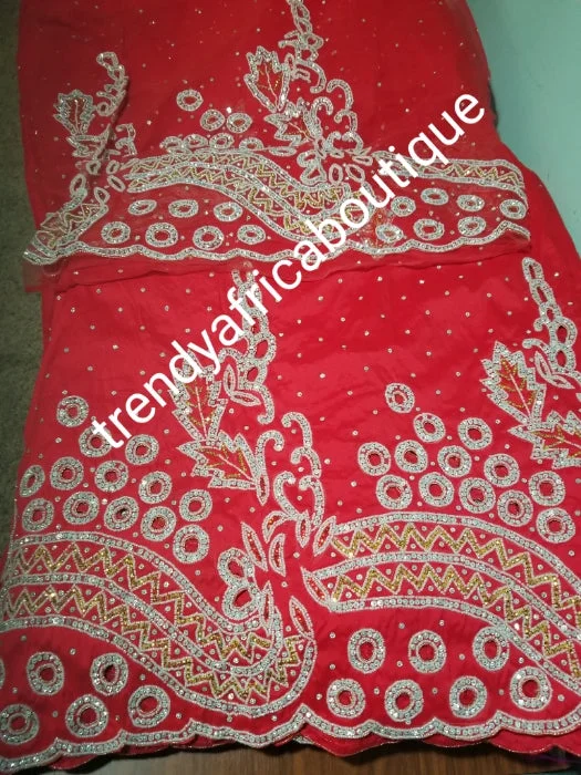 Sale: original quality Taffeta Silk George. Red George Embellished with silver crystal stones for Nigerian traditional wedding/party outfit. Come as 2.5yds+2.5yds +1.8yds matching net. Aso-ebi order available Best party dresses for hourglass body shape