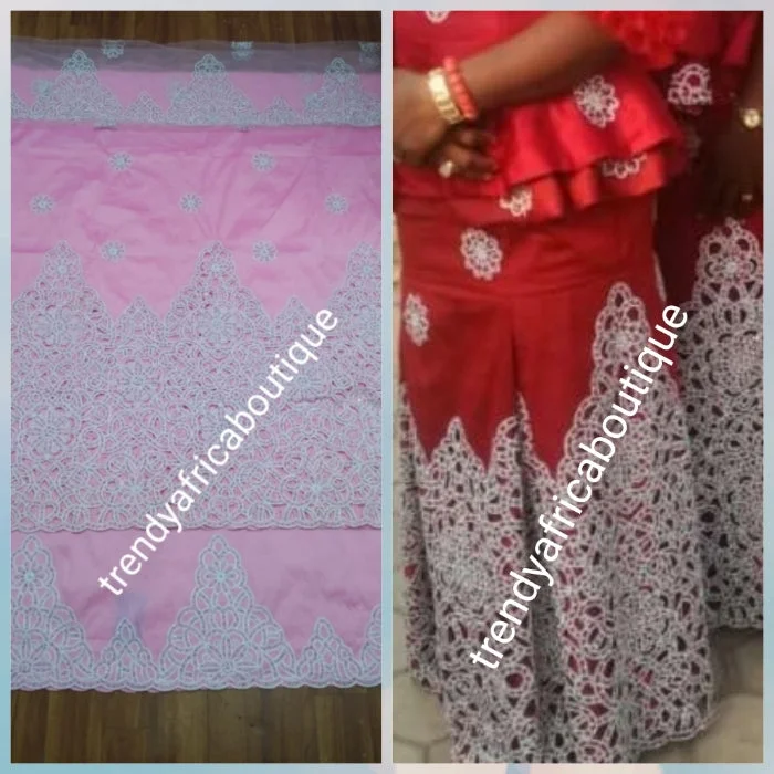 Sale: Quality pink Taffeta Silk George wrapper: hand cut border embellished with white sequence, and crystal stoned for Nigerian traditional wedding/party outfit. Come as 2.5yds+2.5yds +1.8yds matching net for blouse. best Indian-george. Best party dresses for formal events