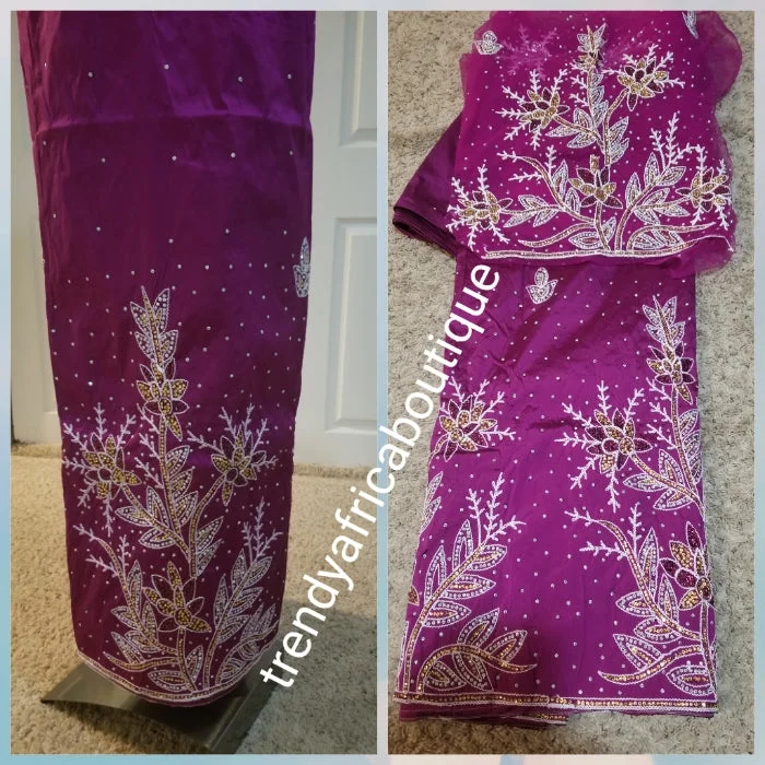 Sale:  sweet Magenta Taffeta Silk George wrapper for Nigerian party outfit. 5yds wrapper + 1.8yds matching net for blouse.  Sold as a set. Embriodery/beads and stone work. Small-george. Aso-ebi George Women's party dresses