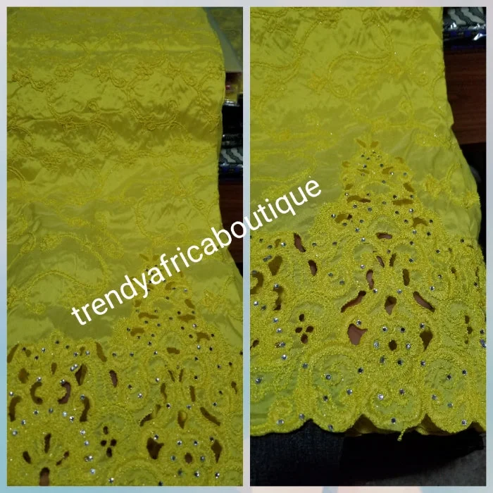 Special Sale: Quality Embroidery Silk George wrapper sweet Yellow  Color. Full 5yard and 1.8yds matching blouse fancy Indian-George for making Nigerian/African party dresses Christmas party dresses