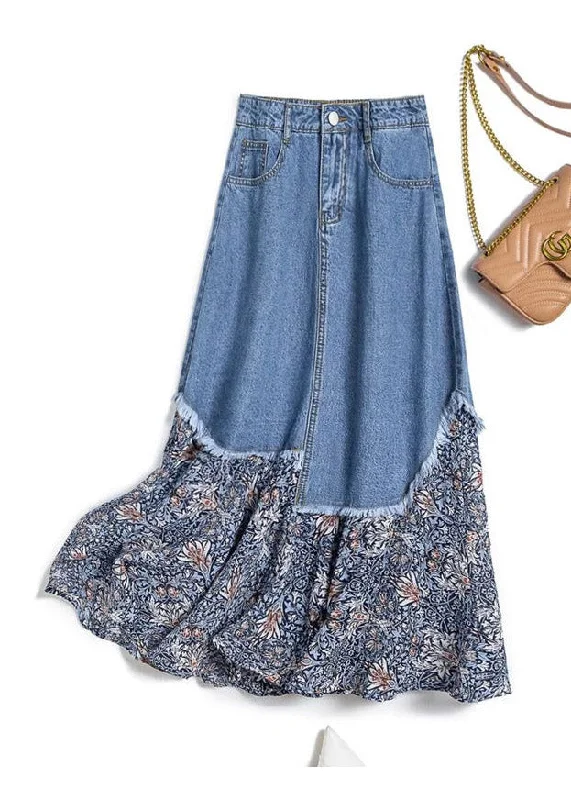 Stylish Denim Blue Asymmetrical Patchwork Print Button Pockets Maxi Skirt Summer Summer Maxi Skirt