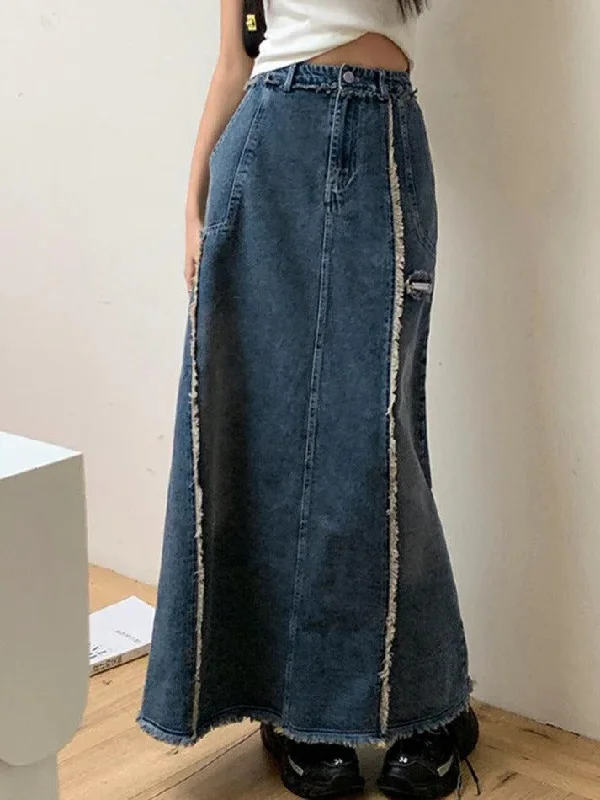 Vintage Raw Edge Splice Slit A Line Maxi Skirt Front Slit Skirt