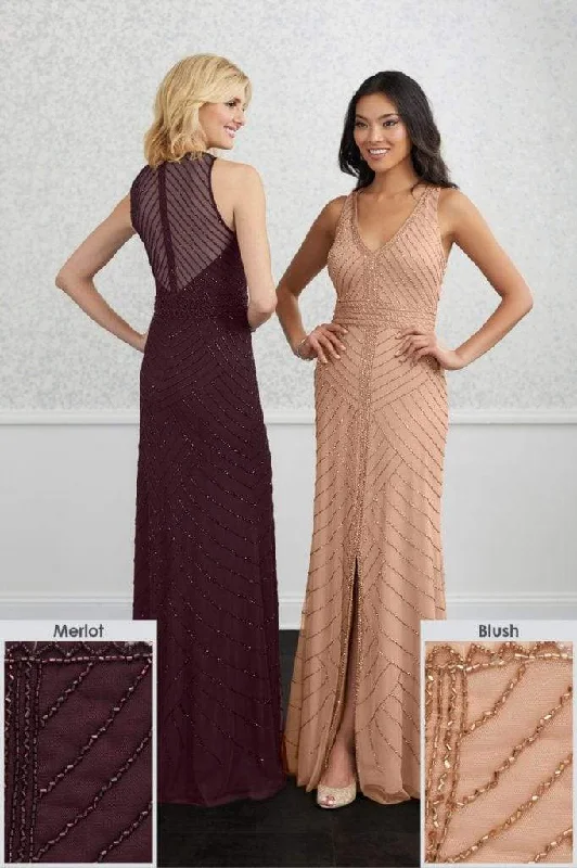 Adrianna Papell Platinum - 40230 Beaded V-Neck Dress with Slit Breathable unclassified dresses