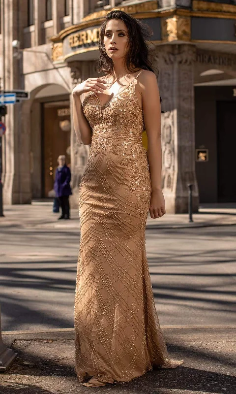 Chic and Holland - AN1469 Beaded Plunging V Neck Sheath Dress Anniversary unclassified dresses