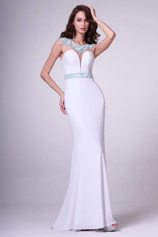 Cinderella Divine - 8746 Embellished Illusion Bateau Neck Sheath Dress Mesh unclassified dresses