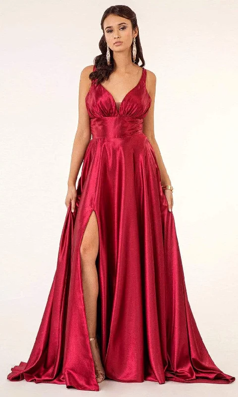 Elizabeth K - GL2963 Deep V-Neck Satin A-Line Dress with Slit Corset unclassified dresses