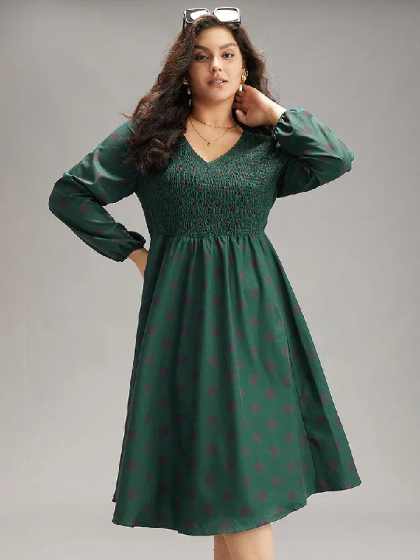 Polka Dot Shirred Lantern Sleeve Dress