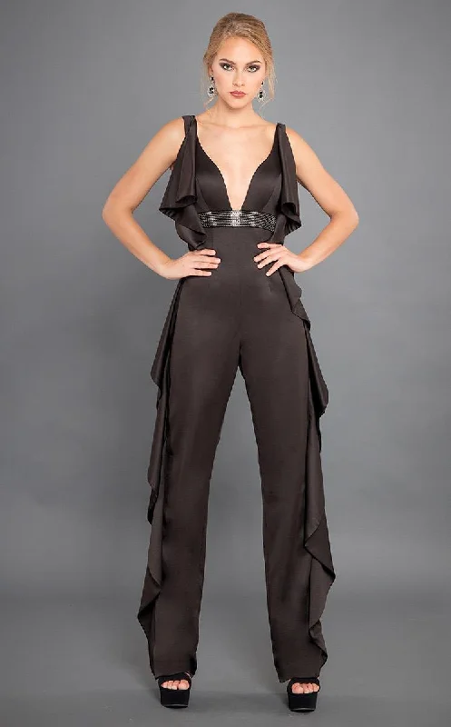 Rachel Allan Couture - 8308 Embellished Deep V-neck Jumpsuit Anniversary unclassified dresses