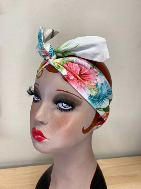 Twist & Go Wired Headband (No Tying Fiddly Knots or Bows) 1950s Rockabilly / 1940s Landgirl Style. In Natural Honolulu Print by RocknRomance Cotton floral dresses