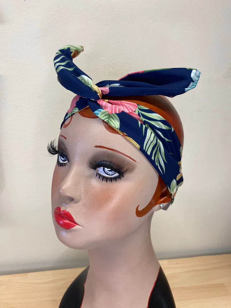 Twist & Go Wired Headband (No Tying Fiddly Knots or Bows) 1950s Rockabilly / 1940s Landgirl Style. In Navy Honolulu Print by RocknRomance Satin floral dresses