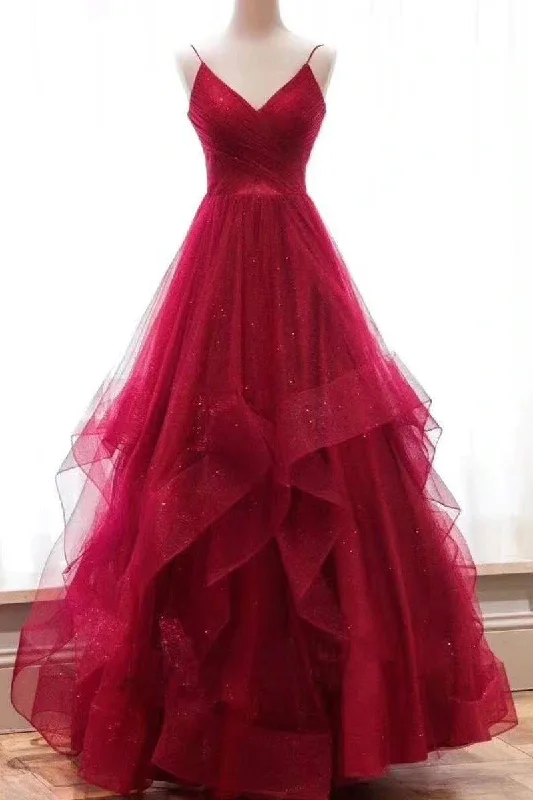 A Line Red Sweetheart Tulle Layered Long Prom Dresses GJS635 Stylish Tulle Gown