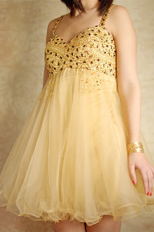 A-line Spaghetti Strap Knee Length Tulle Rhinestone Prom Dress