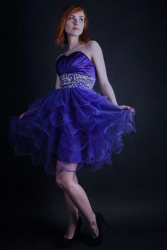 A-line Sweetheart Knee Length Tulle Beaded Backless Homecoming Dress Blue Tulle Dress