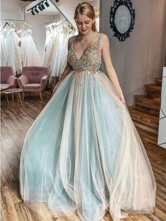 A-line V neck Beaded Tulle Evening Dress Senior Prom Dress JKM3008 Tulle Dress Glamour