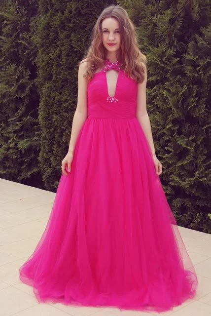 A-line V-neck Wide Strap Floor Length Tulle Beaded Rhinestone Prom Dress Tulle Dress Ruffles