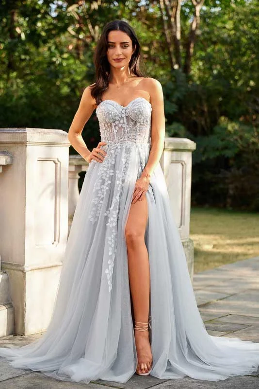 Beautiful A-Line/Princess Tulle Applique Sweetheart Sleeveless Court Train Long Prom Dresses GJS912 Tulle Evening Gown