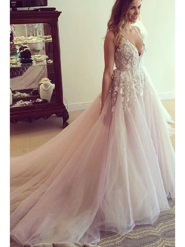 Beautiful Prom Dresses A-line Sweep/Brush Train Tulle Applique Long Prom Dress/Evening Dress JKL187 Casual Tulle Gown