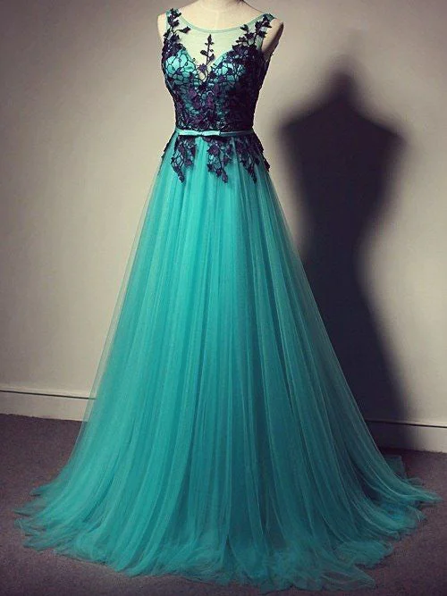 Beautiful Prom Dresses Scoop A-line Lace Long Tulle Prom Dress/Evening Dress JKL076 Tulle Lace Dress