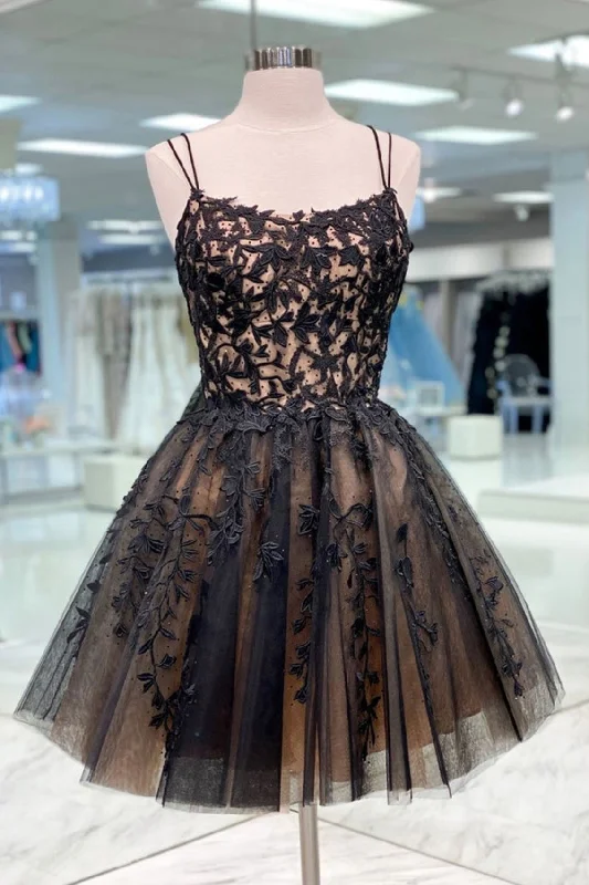 Black Spaghetti Straps Appliques Tulle Short Homecoming Dresses Tulle Dress Fit