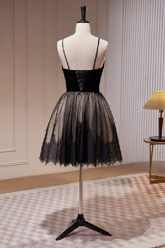 Black Spaghetti Straps Lace Tulle Short Homecoming Dresses Tulle Party Dress