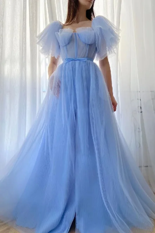 Blue A-line tulle long prom dress, blue tulle formal dress GJS720 Glitter Tulle Dress