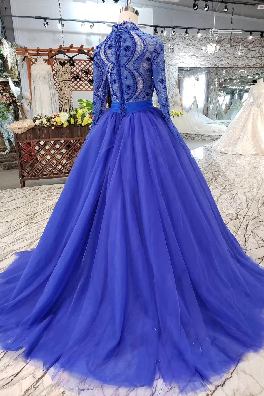 Blue Long Sleeves V Neck Tulle Prom Dresses with Beading Tulle Dress Classic