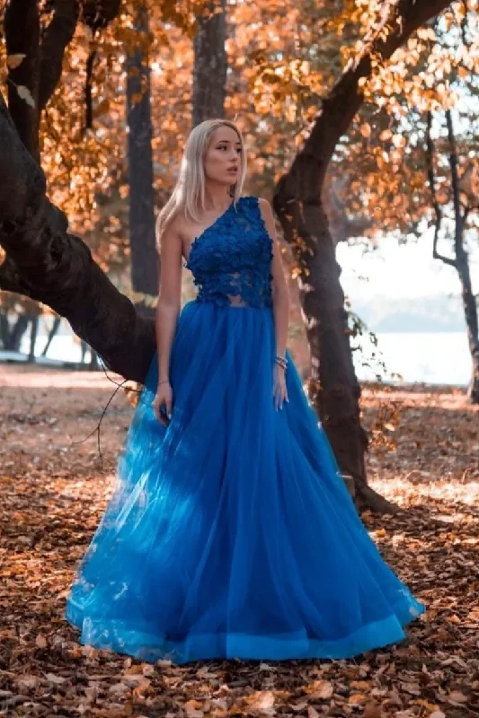 Blue one shoulder tulle lace long prom dress, blue tulle formal dress GJS721 Tulle Dress Dazzle