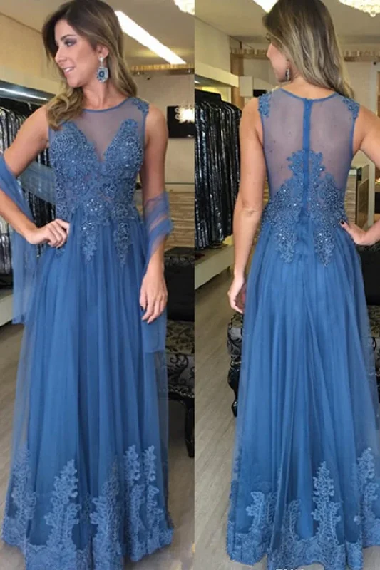 Blue Sleeveless A-line Long Tulle Prom Dress Lace Appliques Women Evening Dress GJS618 Soft Tulle Gown