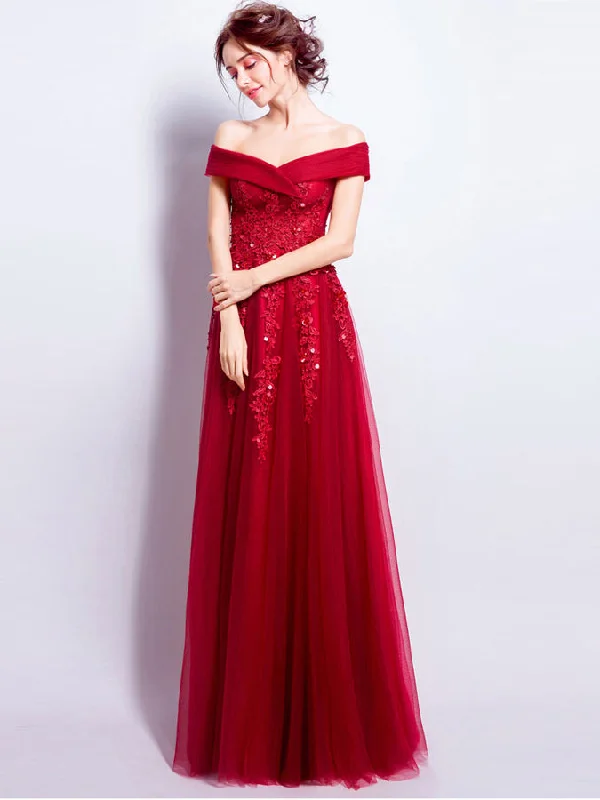 Burgundy Prom Dresses Off-the-shoulder Floor-length Tulle Prom Dress/Evening Dress JKL196 Formal Tulle Dress