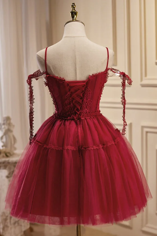 Burgundy Spaghetti Straps V Neck A Line Tulle Short Homecoming Dresses Tulle Dress Dream