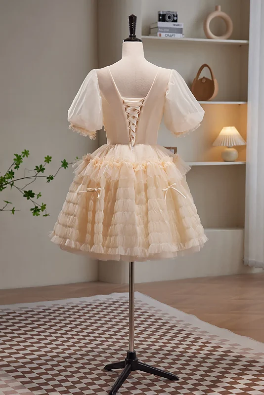 Champagne V Neck Short Sleeves Tulle Short Homecoming Dresses Floor-length Tulle Dress