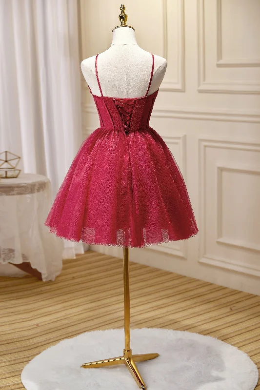 Chic Burgundy Spaghetti Straps Lace Tulle Short Homecoming Dresses Tulle Wedding Dress